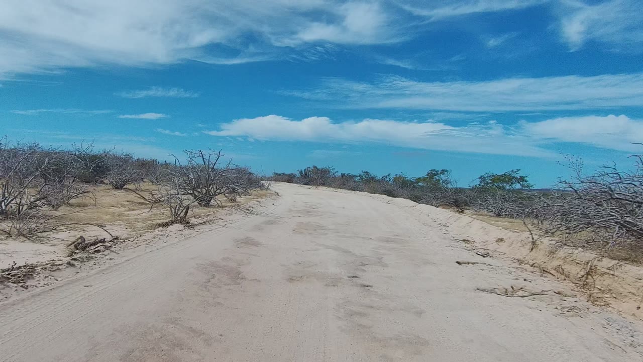Wide sandy road in East Cape Los Cabos with dry brush close to the right shoulder, sparse vegetation to the left, streaked white clouds, and no visible people.
