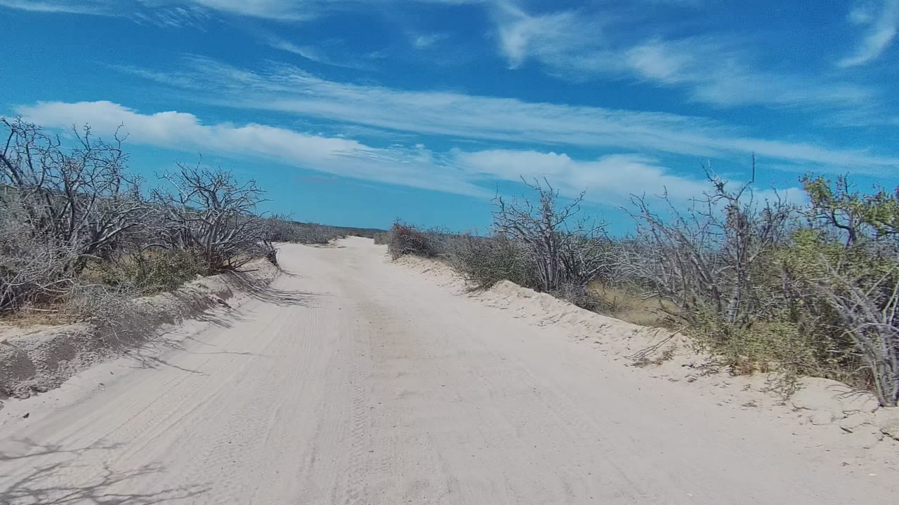 At the start of the clip, a sandy road in East Cape Los Cabos runs between dry scrub and low bushes under a blue sky, with no visible people.