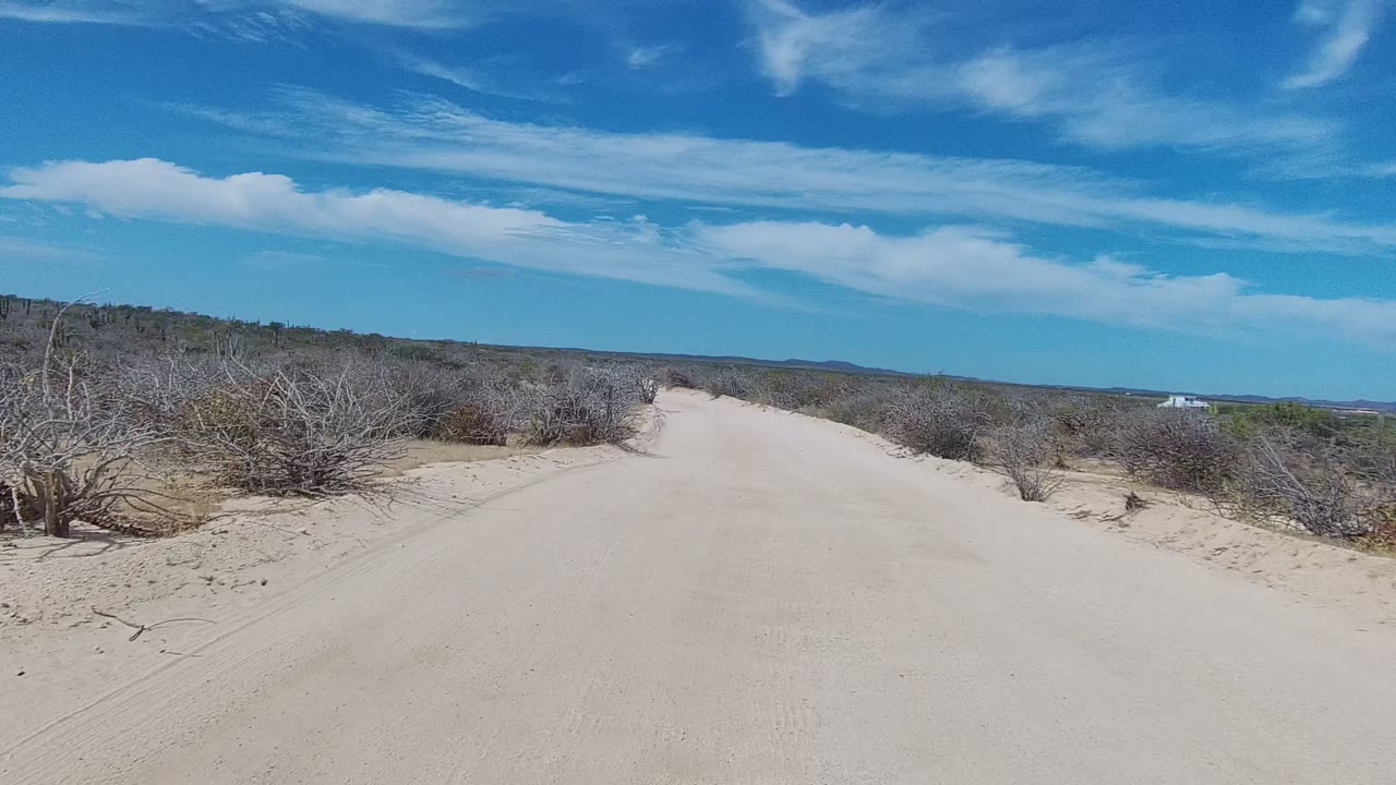A sandy track in East Cape Los Cabos stretches ahead with dry brush clustered near the left side, open scrubland to the right, high clouds, and no visible people.