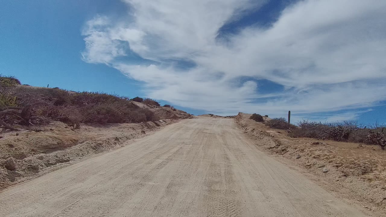 A wide sandy road in East Cape Los Cabos passes scrub vegetation and a tall cactus-like vertical plant on the right beneath sweeping white clouds, with no visible people.
