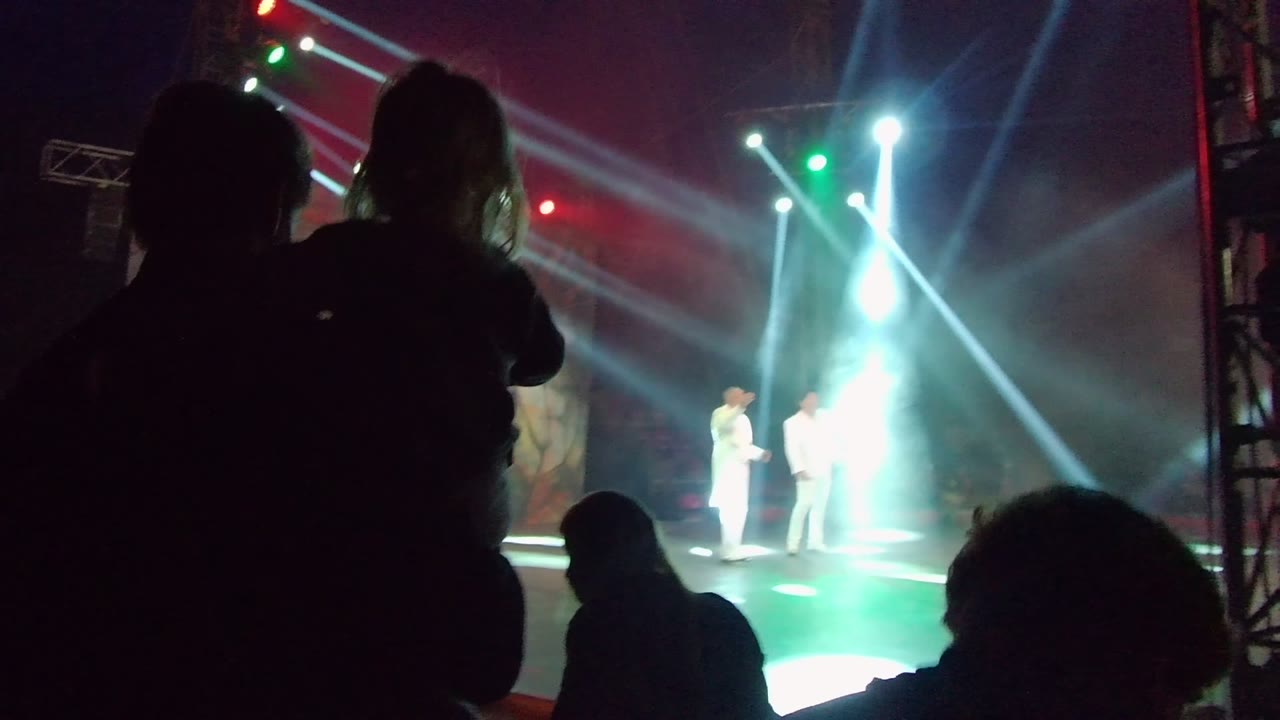 Silhouetted spectators in San Jose Del Cabo face a distant stage where white-clad performers stand under bright white and colored spotlights.