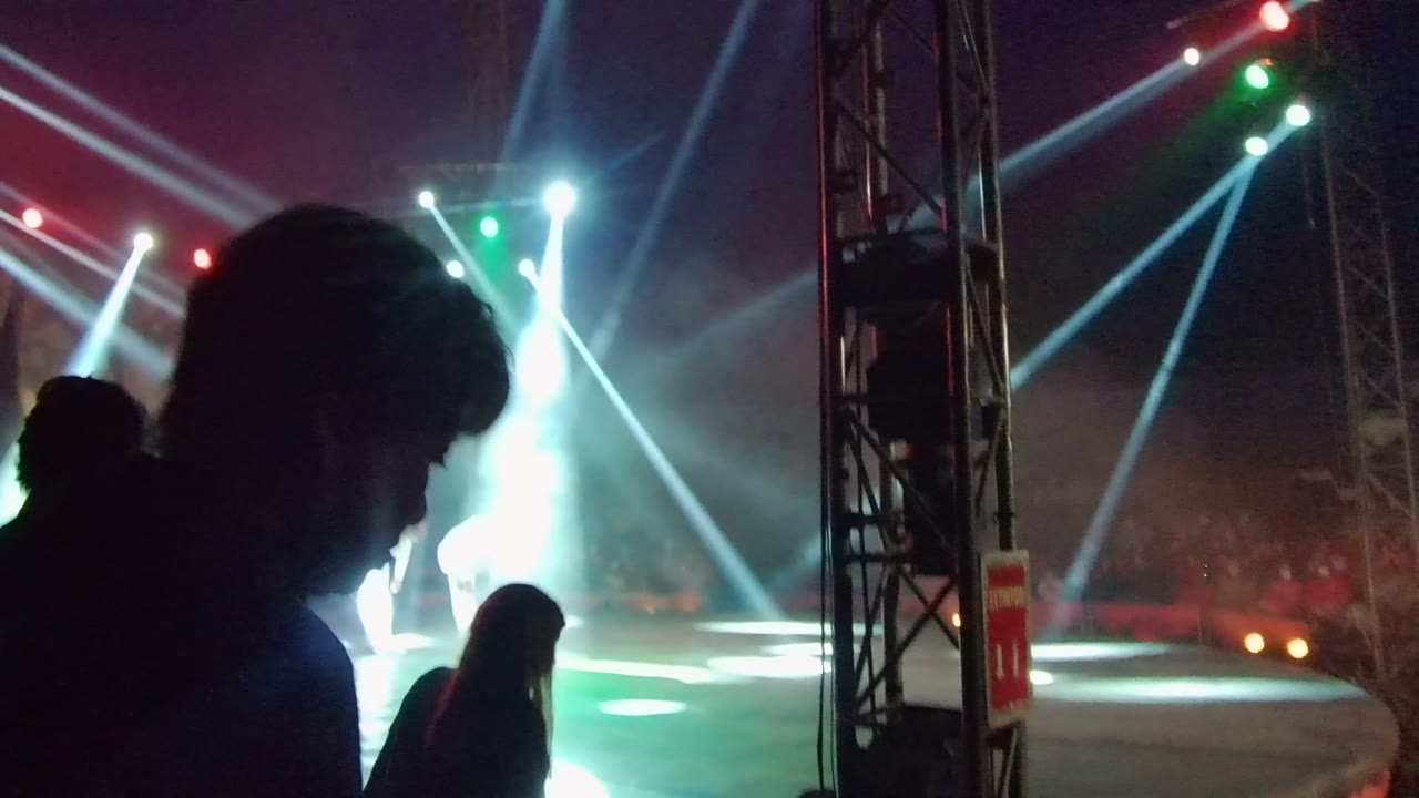 A large audience silhouette fills the foreground as intense white and colored spotlights flare behind distant performers in San Jose Del Cabo.