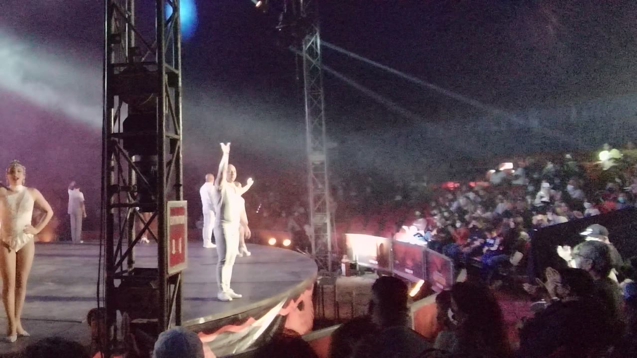 Performer raises an arm as dancers stand under stage lights.