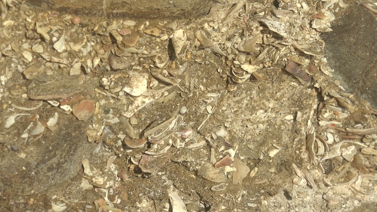 The ground detail in La Bocana shows broken pottery, rubble, a larger dark stone near the upper right, and sunlit dusty surface, no visible people.