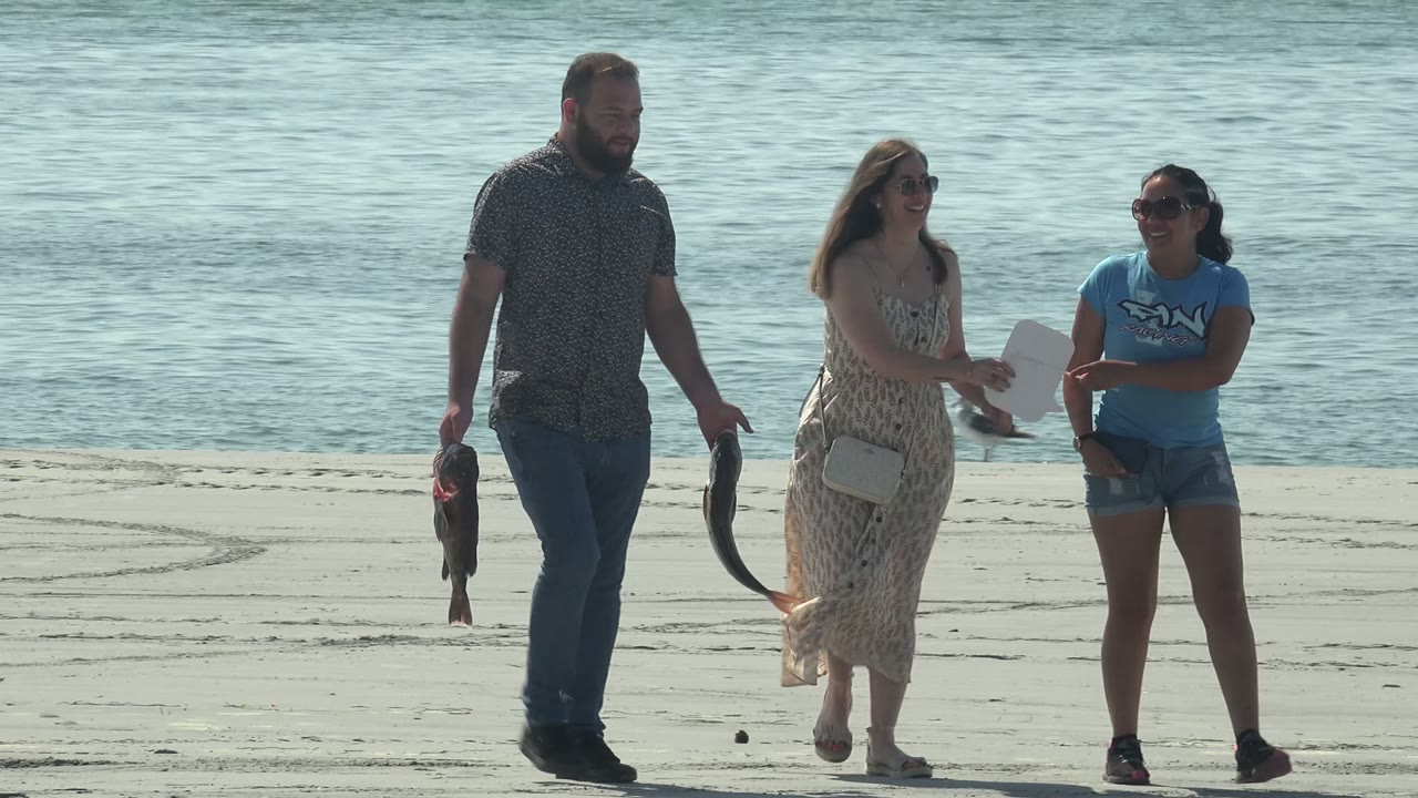 Beach walkers continue beside the water as two women face each other.