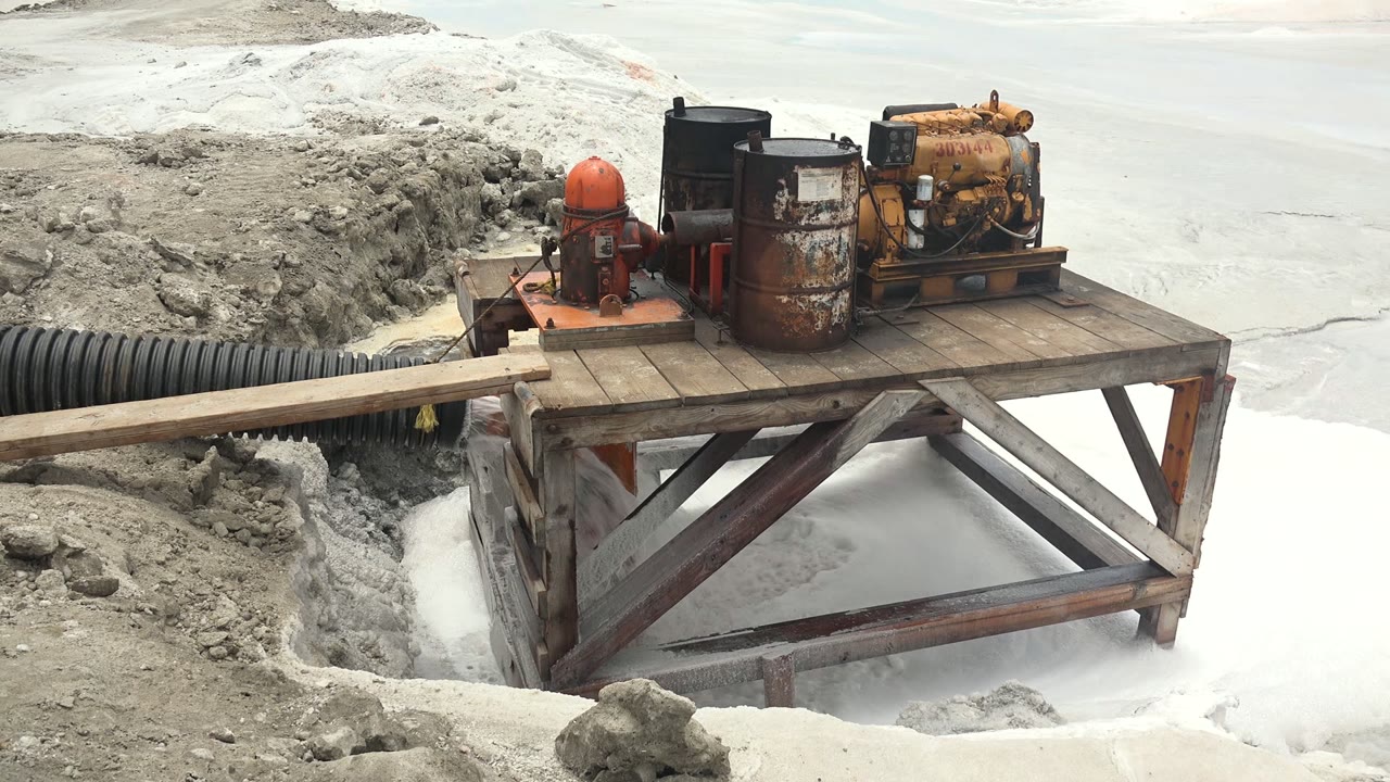 At 0:00, rusted pump equipment and a black corrugated hose sit on a wooden platform over pale ice in Guerrero Negro, Mexico, with no visible people.