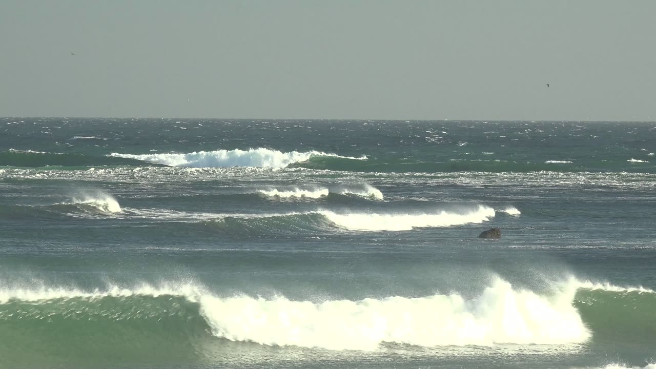 Green wave cresting in the foreground with whitewater behind it.