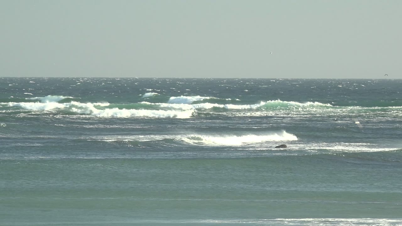 Ocean swells breaking in several horizontal foam lines