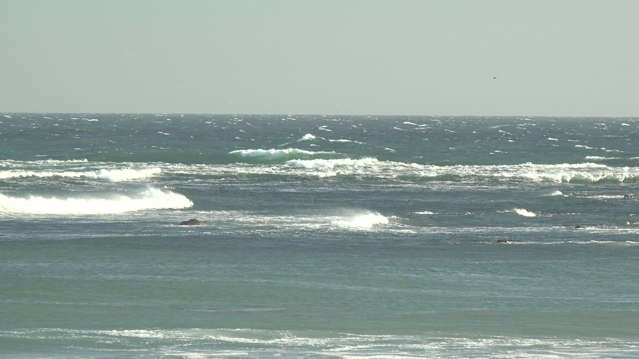 Foamy wave lines breaking across rocky coastal water