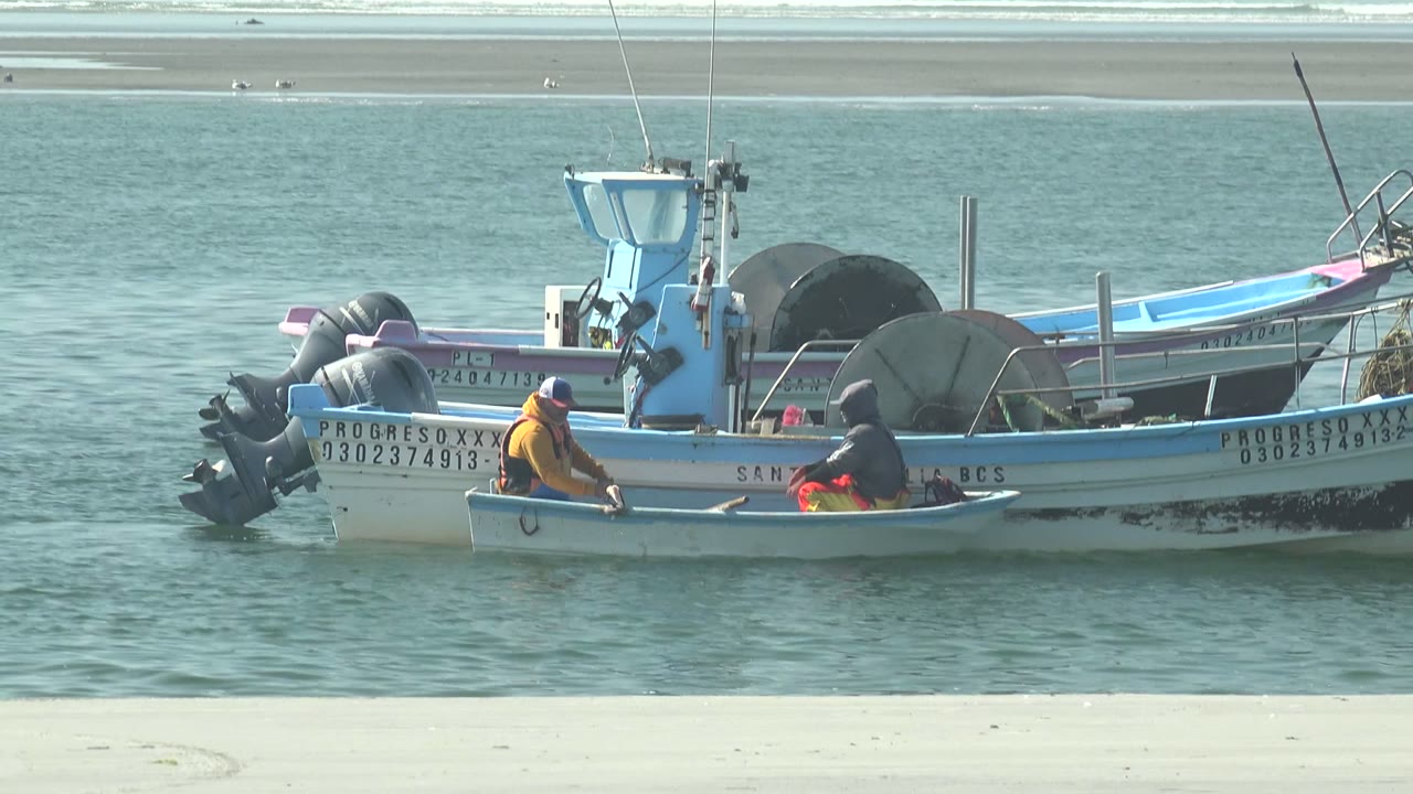 Two blue and white fishing boats sit in calm water at La Bocana, Baja California Sur, with two visible people in a small skiff beside the nearer hull.