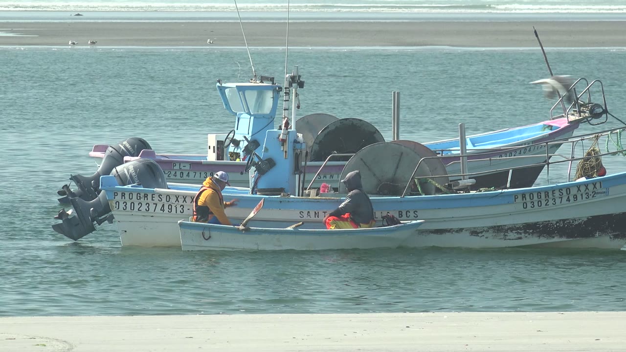 Two visible people remain in the skiff next to the fishing boats at La Bocana, Baja California Sur, with the oar angled across the water and pale surf behind the anchored hulls.