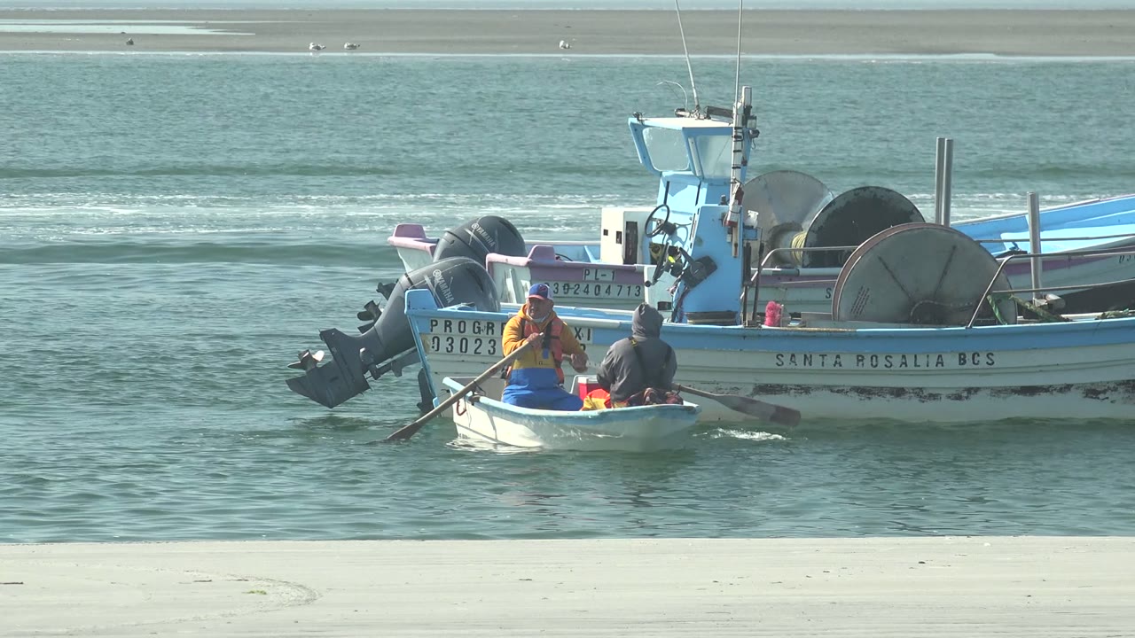 Two people row in front of the larger boat's stern area in La Bocana, Baja California Sur, with the sandy beach forming a pale horizontal band behind the water.
