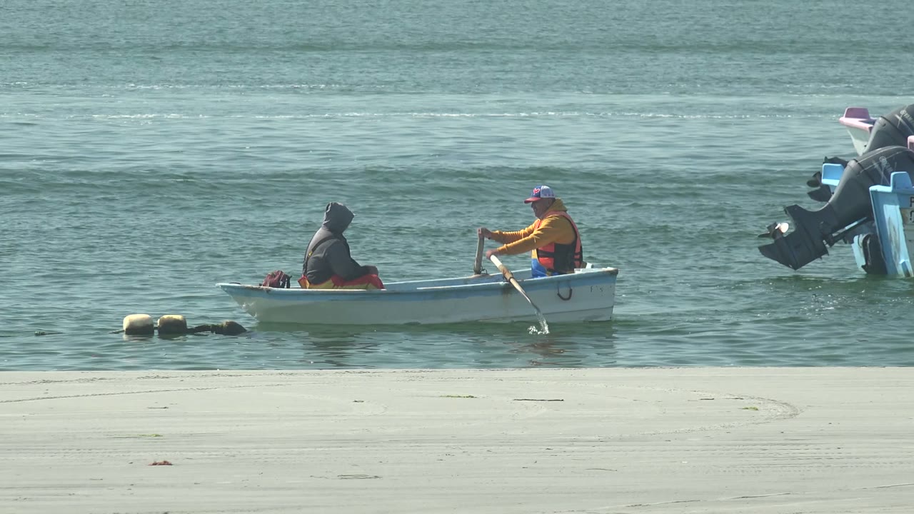At 0:02 in La Bocana, Baja California Sur, two people row the small white boat past floating objects near the sandy shoreline, with the larger boat cropped at the right edge.