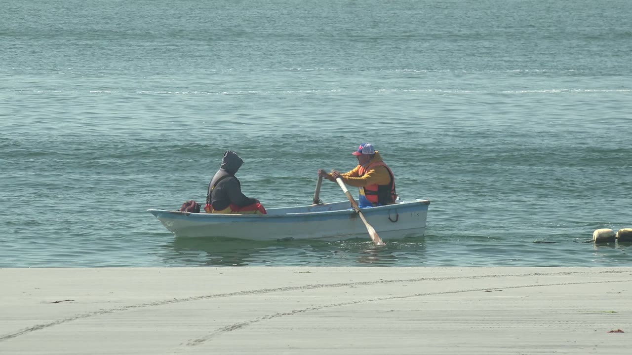 Two people in the white rowboat move along the shallow water at La Bocana, Baja California Sur, with a dark floating object and pale floats visible near the shore.