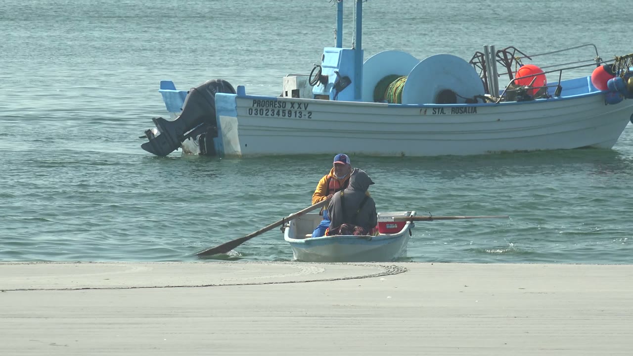 Rowboat with two people close to the sandy shoreline.