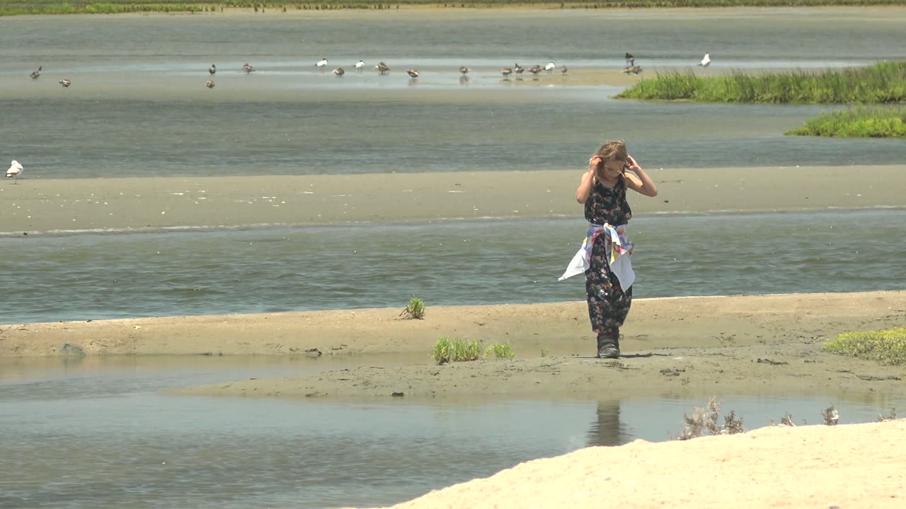 At Guerrero Negro, Baja California Sur, a person stands on a wet sandy shore near shallow water while raising both hands toward their hair, with birds scattered across the distant flats.