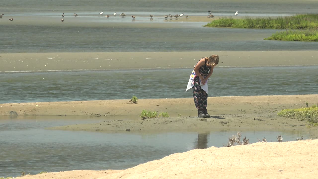 Person bending on wet sand while holding a white towel near shallow water.