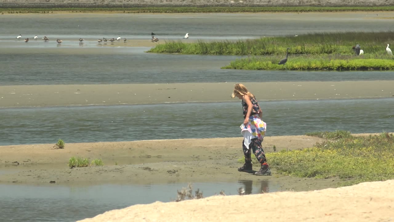At 0:02 in Guerrero Negro, the girl continues along the shore near a small reflective water edge, with marsh grass islands and birds spread across the distant mudflat.