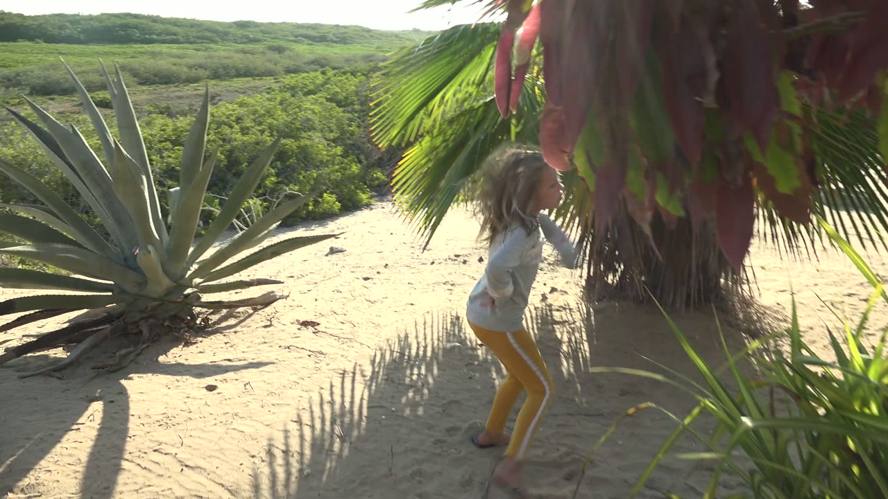 The girl passes a large spiky plant and palm trunk on pale sand in San Carlos, Mexico, with green vegetation behind her.