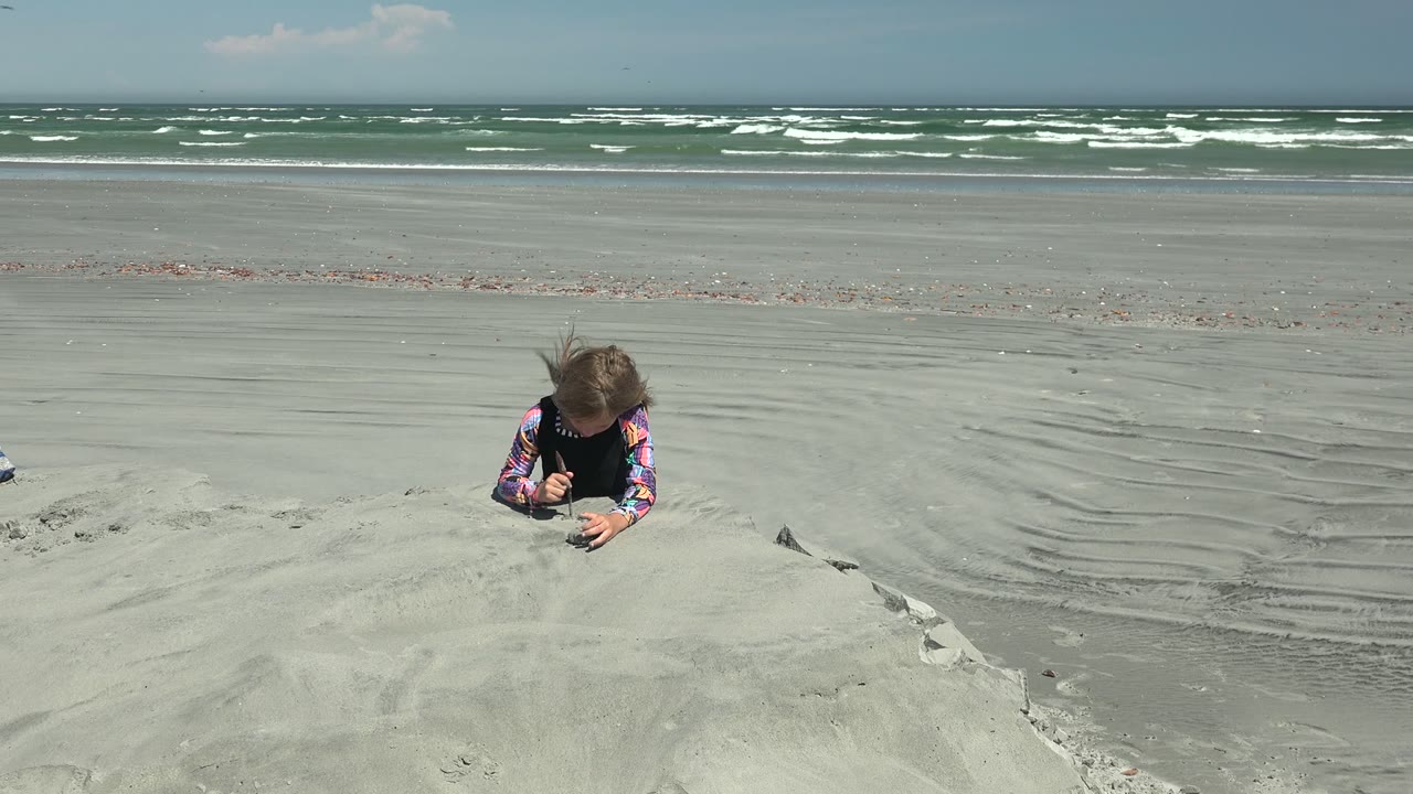 Child working with sand near the center of a broad beach frame.