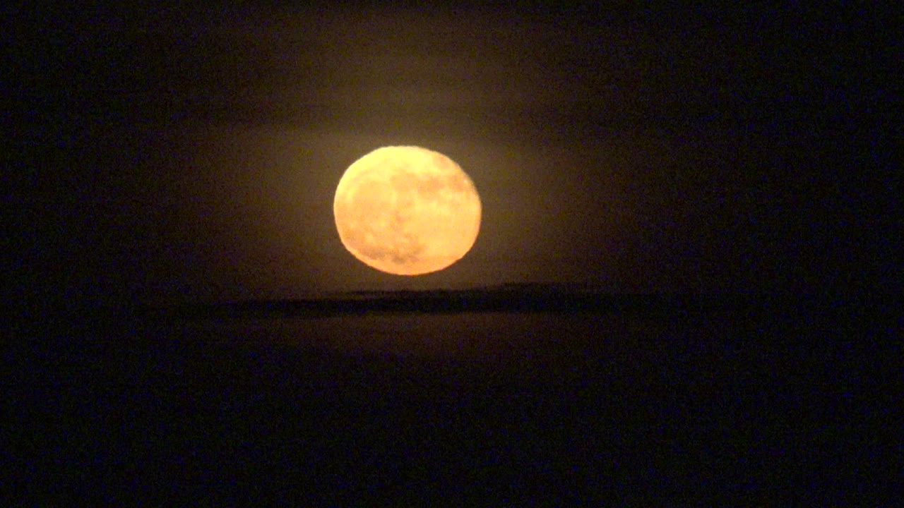 Bright orange moon with a thin cloud crossing below it.