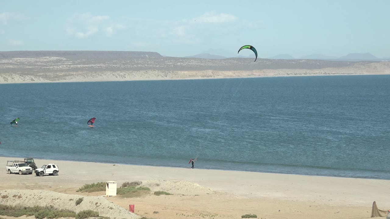 Kite surfers spread across blue water with white vehicles parked on the sandy shore.
