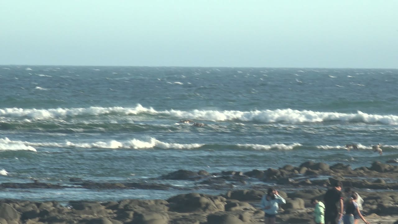 Wide view of La Bocana rocky beach with white surf lines offshore and scattered people standing near the lower edge of the rocks.