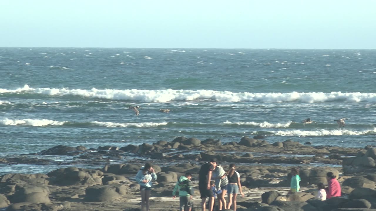 Group of people standing on rocks with waves behind them.