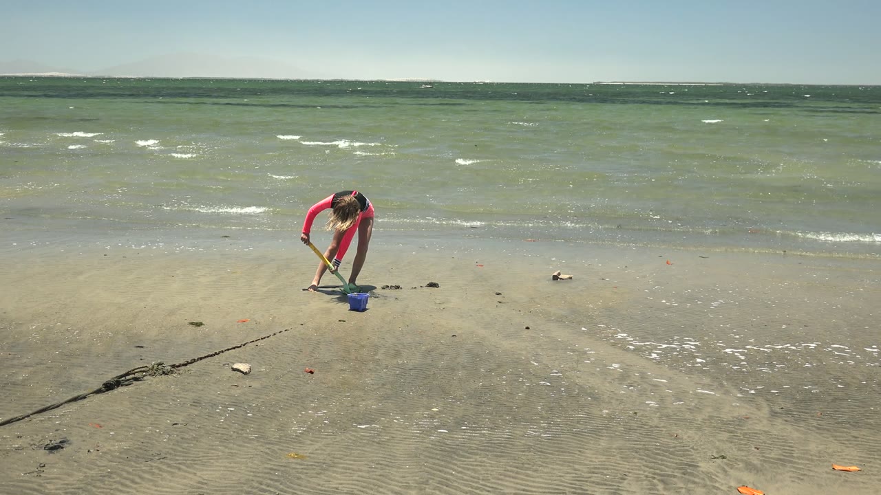 Child uses a green shovel near a blue bucket on the beach.