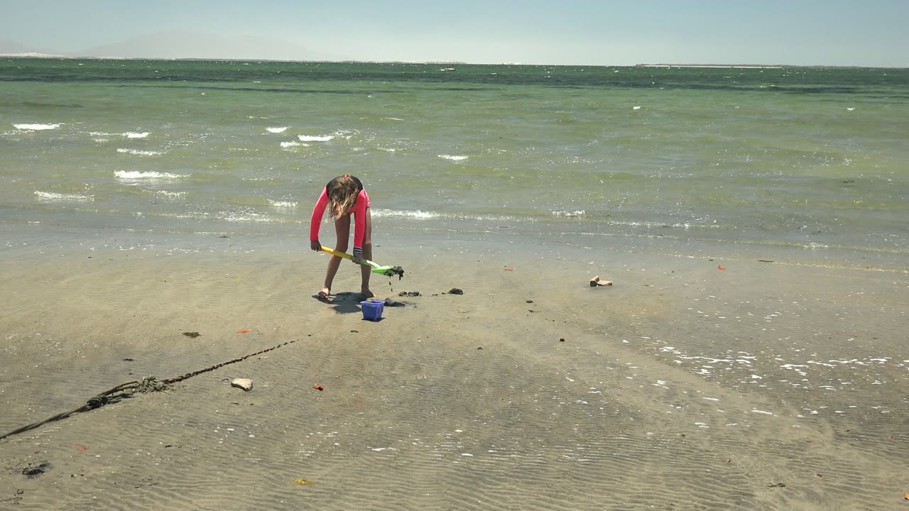 At 0:02, the child stands more upright over the blue bucket, holding the green shovel while broken white wavelets move across the ocean behind in San Carlos, Mexico.