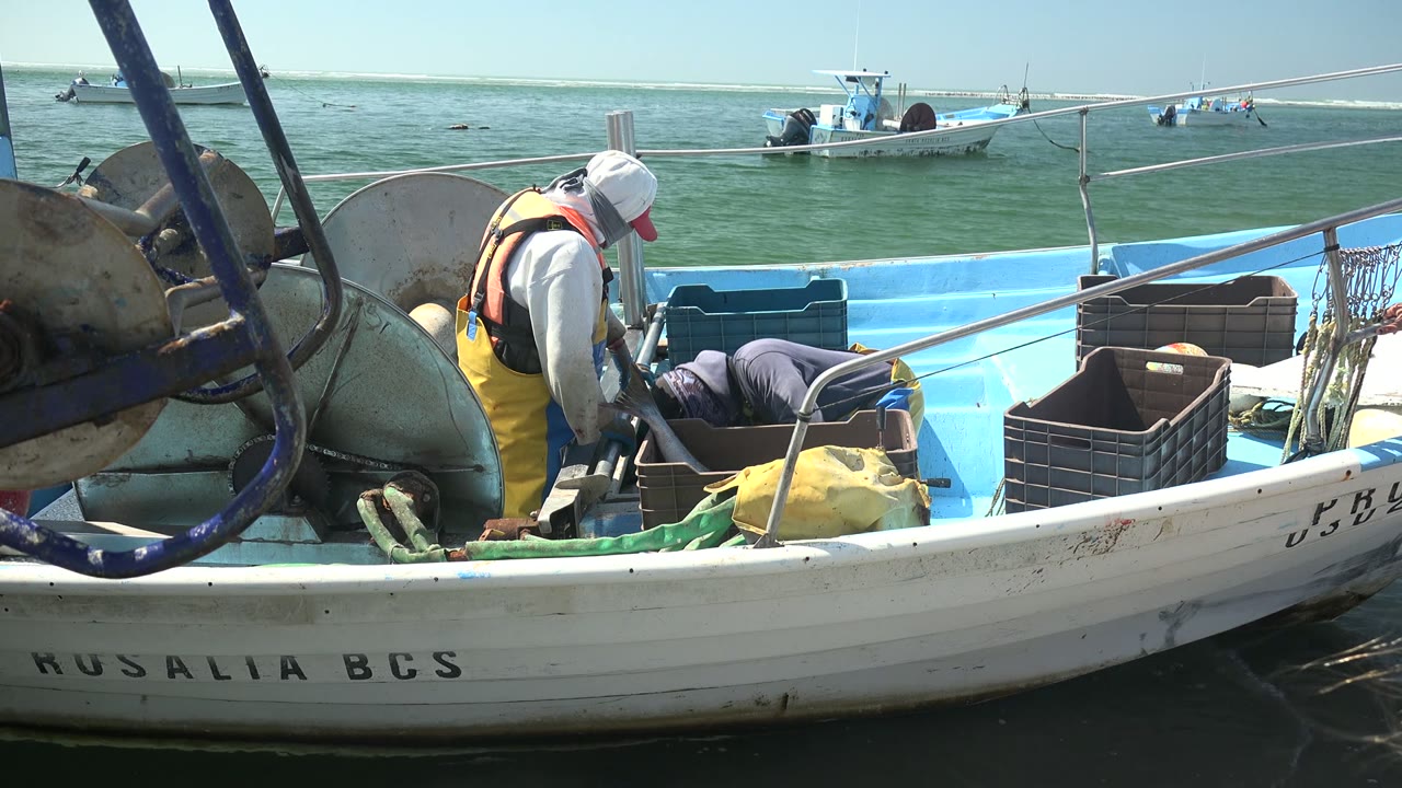 At La Bocana, Baja California Sur, two fishermen lean over gear in a blue-and-white boat while crates, nets, and distant small vessels sit beyond them on calm water.