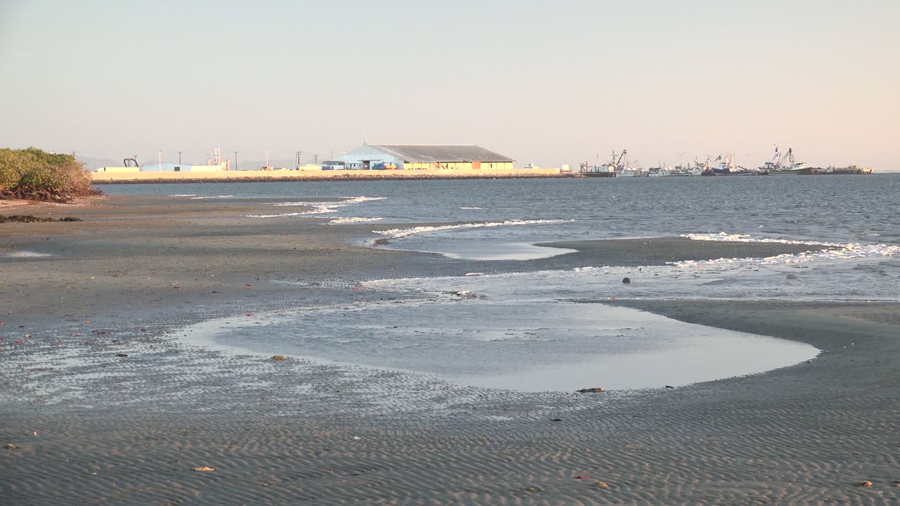 Foamy water recedes across dark sand with a coastal structure and boats in the distance.