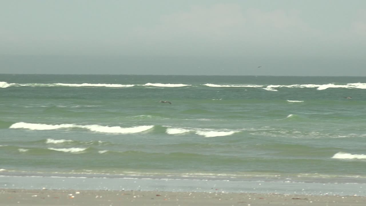 Layered surf bands under pale gray sky