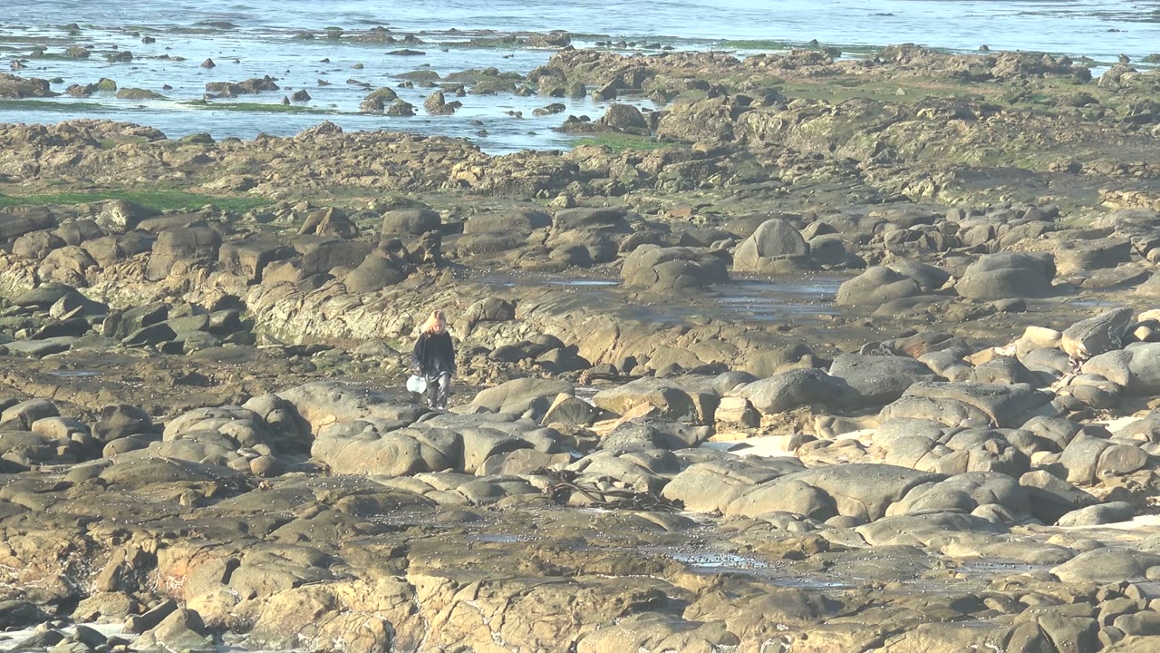 A person in dark clothing walks across rounded rocky shoreline terrain in La Bocana, Mexico, with shallow blue water and scattered exposed rocks in the background.
