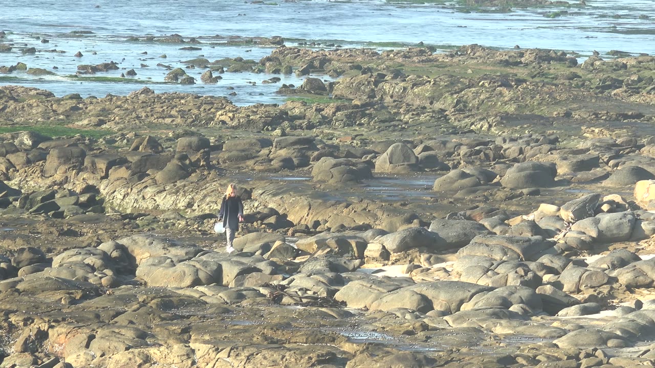 A wide ground-level view frames the walker near the center of La Bocana's rocky coast, with tan and gray stones below and calm water beyond the rock shelf.