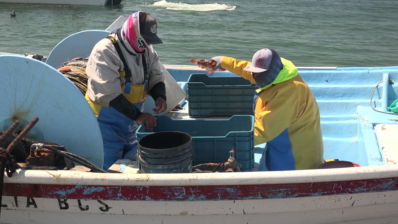 At La Bocana, Baja California Sur, two fishermen in yellow rain gear and blue overalls stand beside blue crates, ropes, and a black bucket on a small boat.