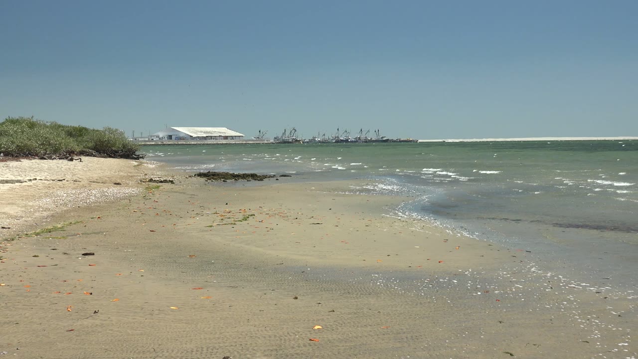 A wide San Carlos shoreline frame shows scattered debris on the sand, rippled shallow water, distant industrial structures and cranes, and no visible people.