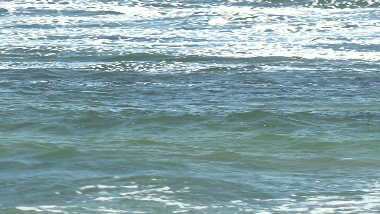 At La Bocana, a bright horizontal strip of foamy surf crosses the center while rippled blue-green water fills the frame and no visible people appear.