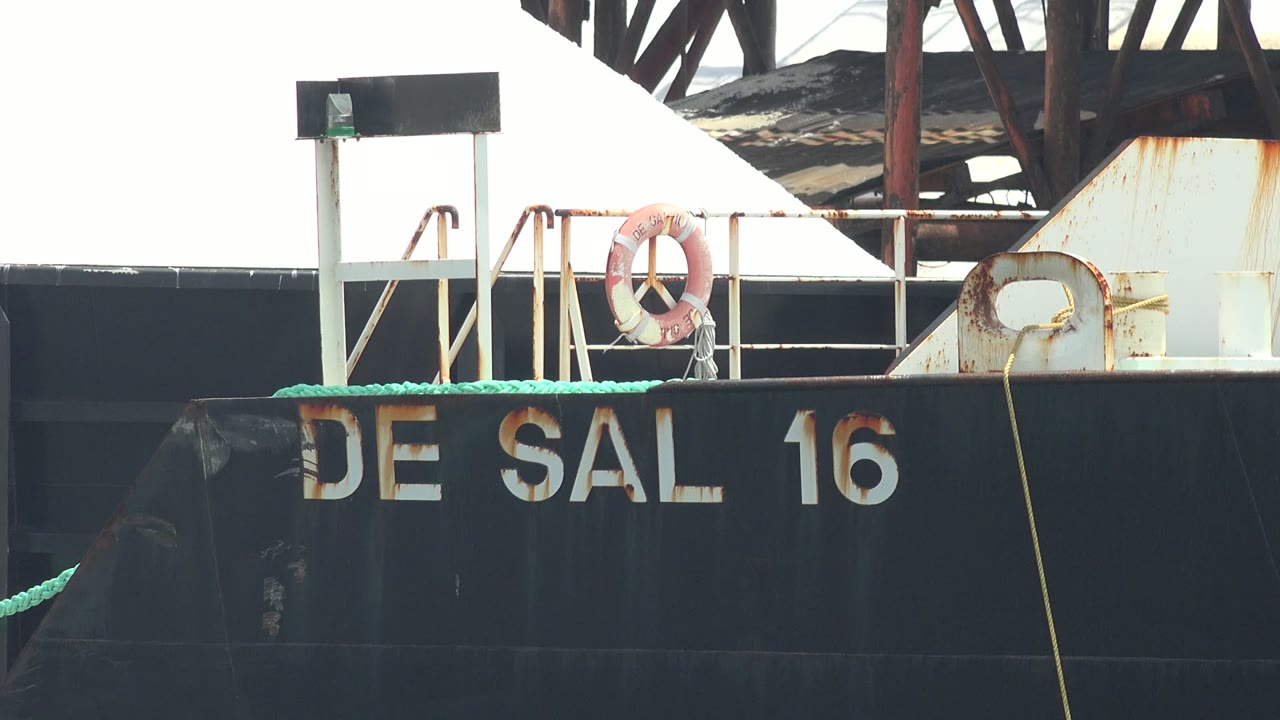 DE SAL 16 barge partly lower in frame with railings, life ring, and bright sky.