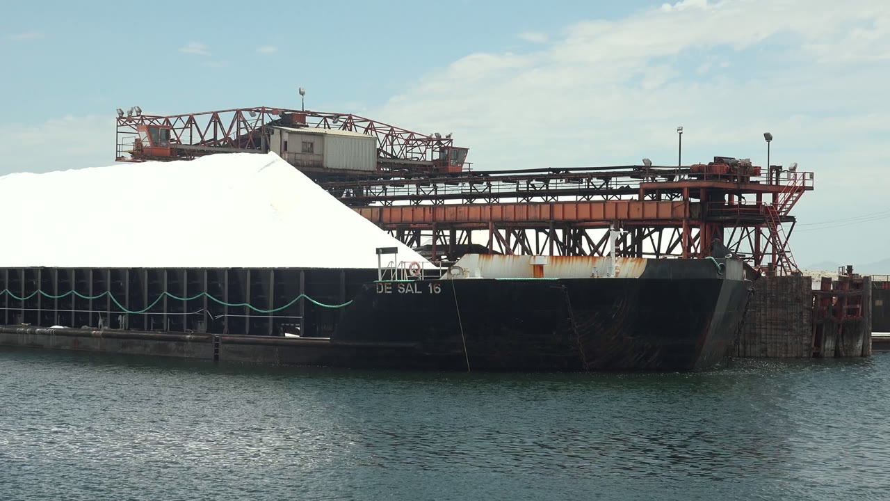 Docked cargo ship with white deck cargo under red port machinery.