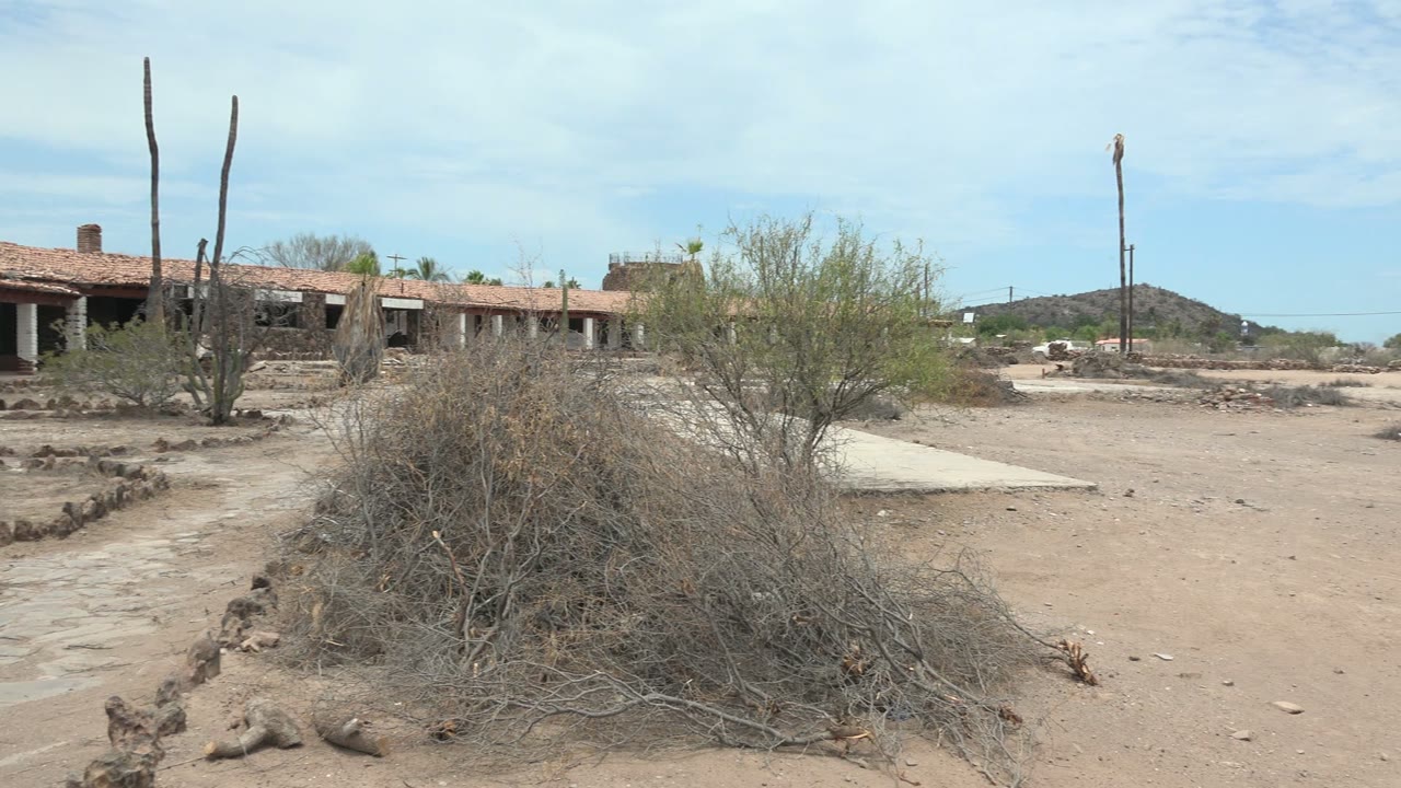 At 0:02, the Mulege scene shows tall cacti beside dry scrub, a low roofline across the midground, open sandy ground, and no visible people.
