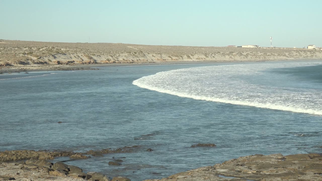 White foam wave spreading farther across calm blue coastal water.