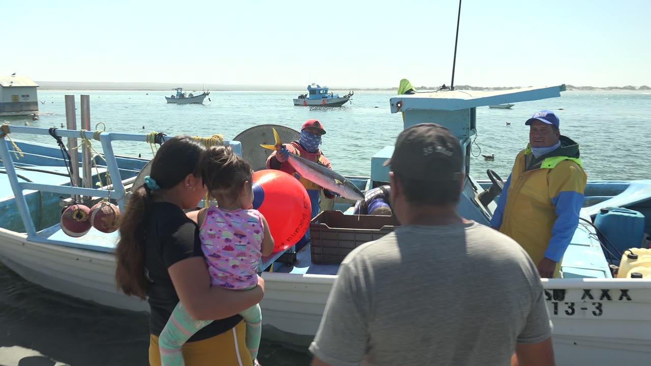At La Bocana, Baja California Sur, adults and a child stand near a small fishing boat while crew in vests work by a red buoy and fish crate.