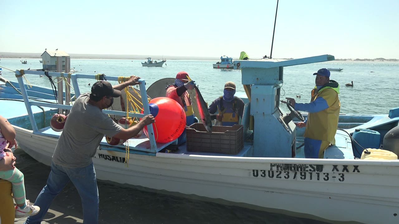 People gather beside the La Bocana fishing boat as a child appears at the dock edge, with crew in yellow vests and a red buoy centered on deck.