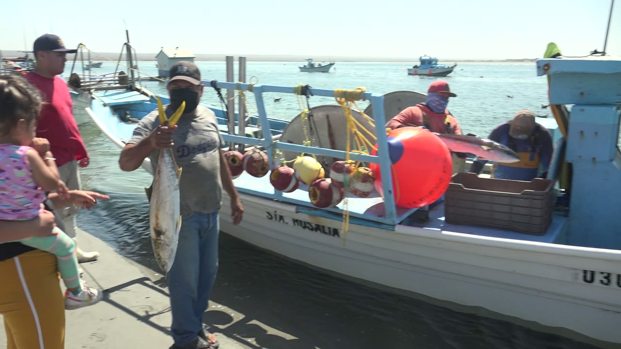 At La Bocana harbor in Baja California Sur, a masked fisherman holds a large fish near a white and blue boat while a woman carrying a child stands at the dock edge.