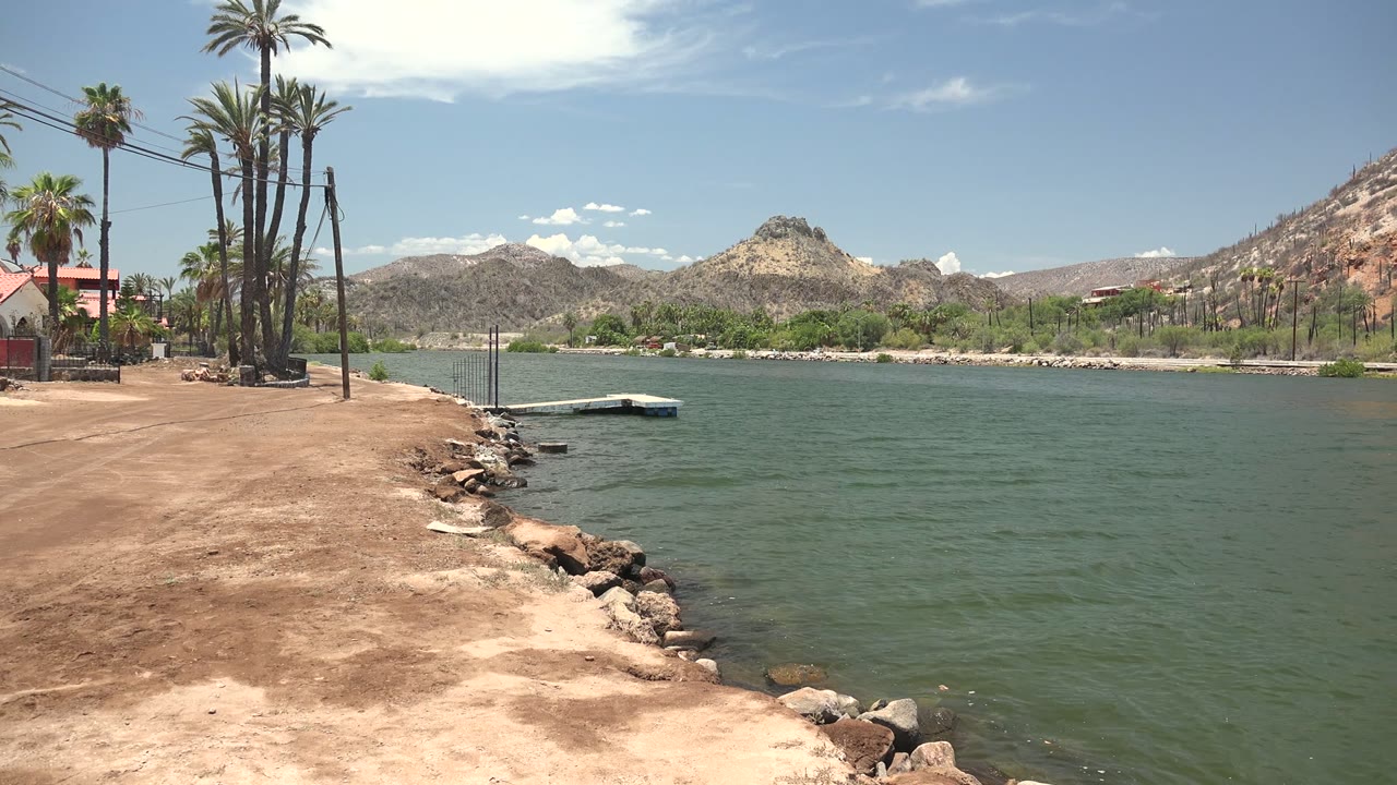 Wide Mulege shoreline view at the start of the clip, with dry dirt ground, a rocky water edge, green rippled water, tall palms, distant hills, and no visible people.
