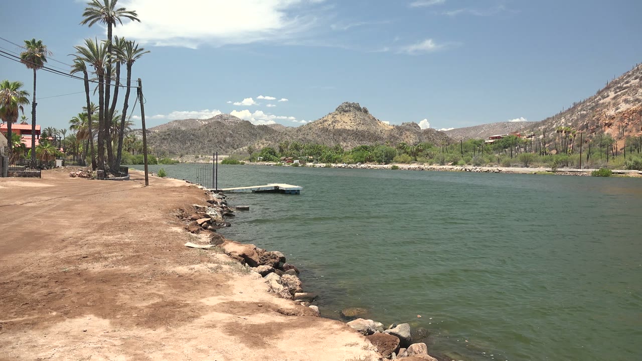 Rock-lined shore, calm water, palms, and mountains under blue sky