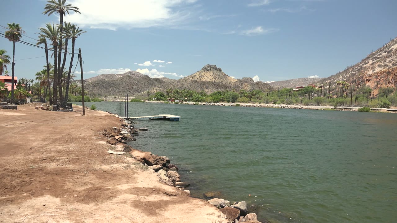 Mulege shoreline during the rightward pan, with palms near the left bank, rippled green water across the center, rocky hills beyond the far shore, and no visible people.