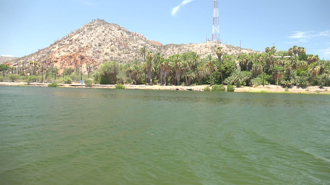 Opening frame of rippling green water in Mulege, Baja California Sur, with a palm-lined shore, rocky hill, tower, blue sky, and no visible people.