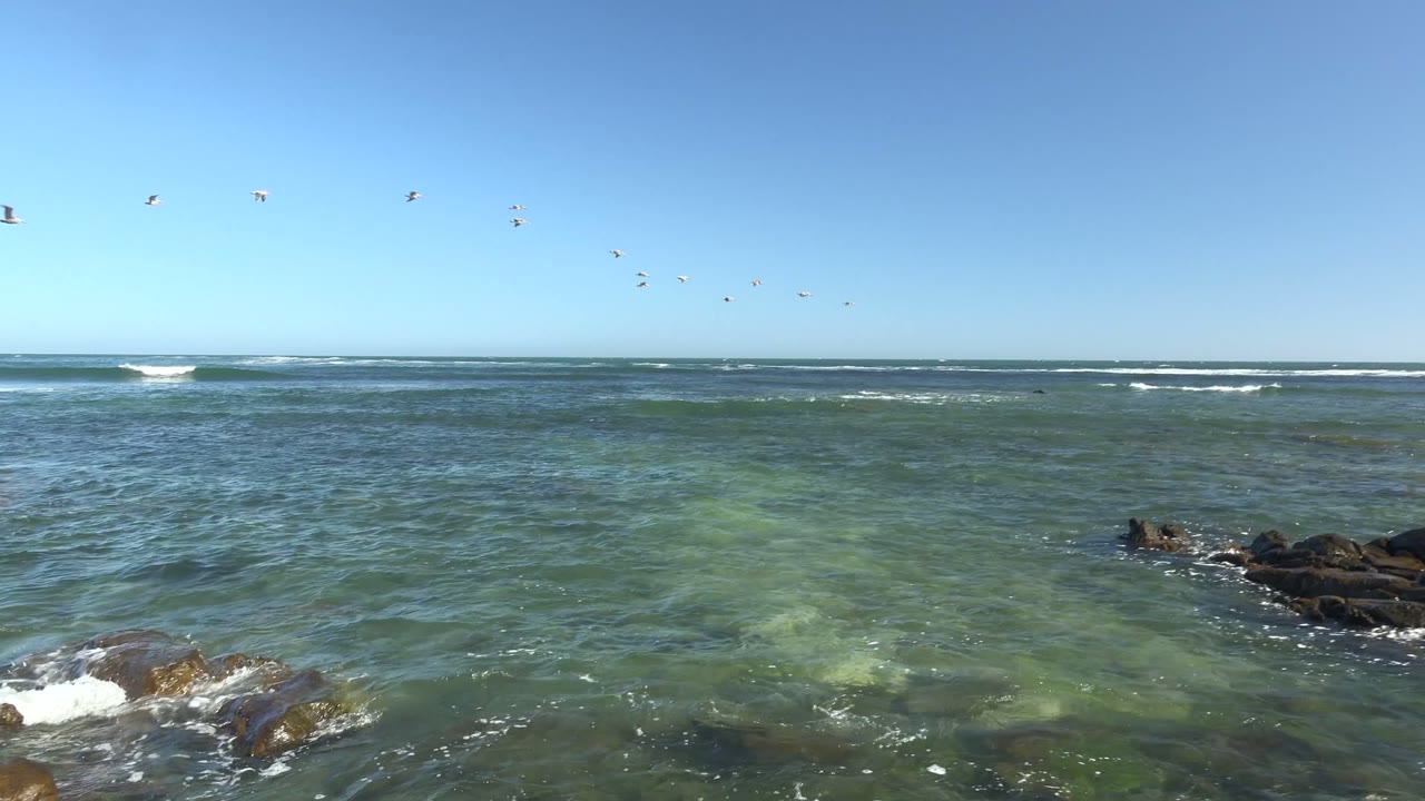 Rocky shoreline and clear ocean water under a blue sky.